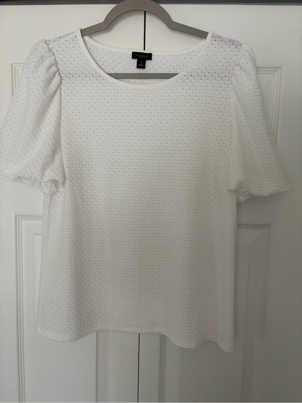 Ann Taylor White Eyelet Puff-Sleeve Blouse